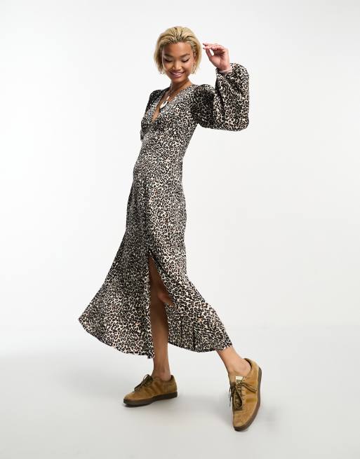 Violet Romance satin v neck long sleeve midaxi dress in leopard print