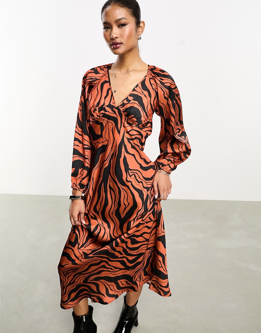 Violet Romance satin v neck midaxi dress in rust abstract animal print-Red