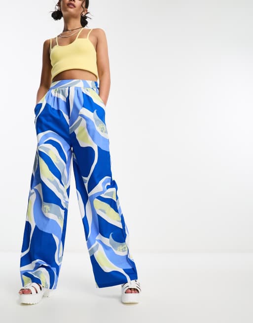 Blue & White Printed Wide Leg Pants