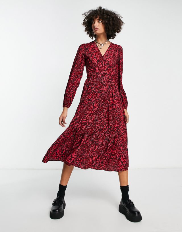 VIOLET ROMANCE - satin wrap front midaxi dress in red floral print