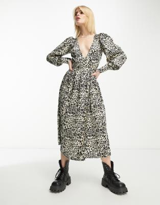 satin wrap midi dress in leopard print-Multi