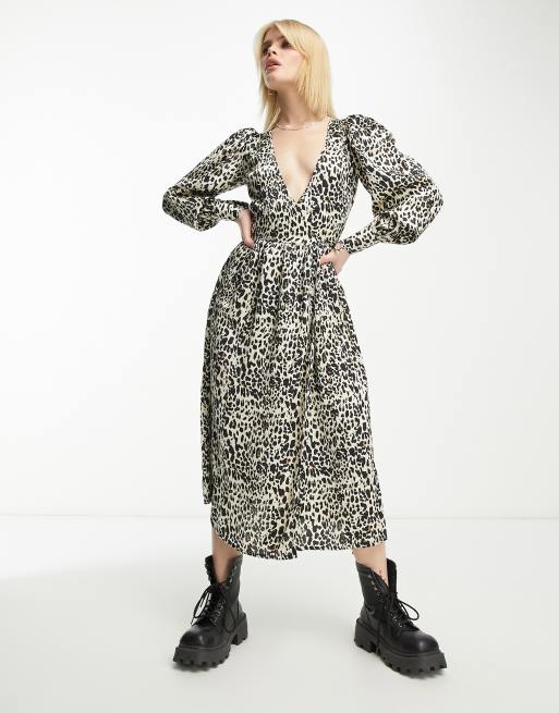 Satin leopard 2025 print midi dress