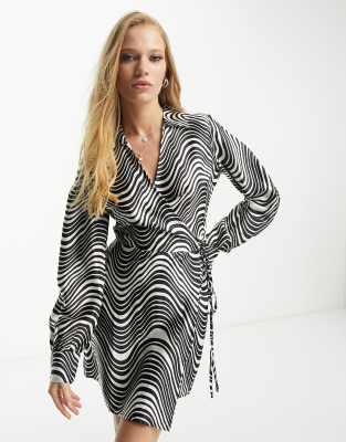 Violet Romance Satin Wrap Mini Dress In Swirl Print-white