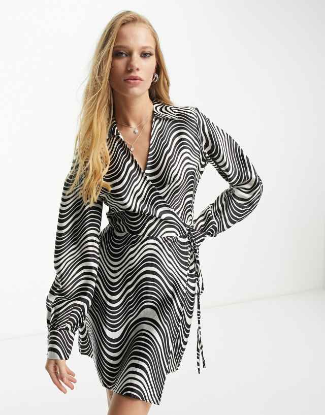 Violet Romance satin wrap mini dress in swirl print