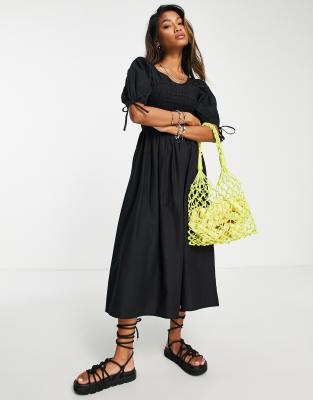VIOLET ROMANCE Violet Romance shirred bust cotton midi dress in black