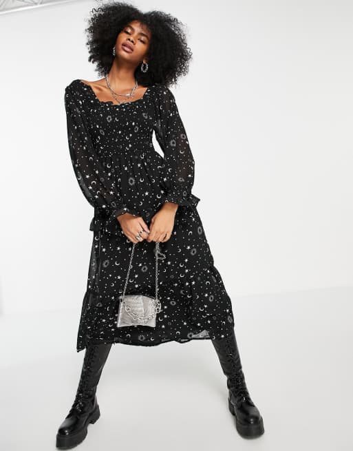 Violet Romance Shirred Square Neck Midi Dress In Celestial Print Asos