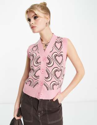 VIOLET ROMANCE Violet Romance sleeveless cardigan co-ord in heart print-Multi