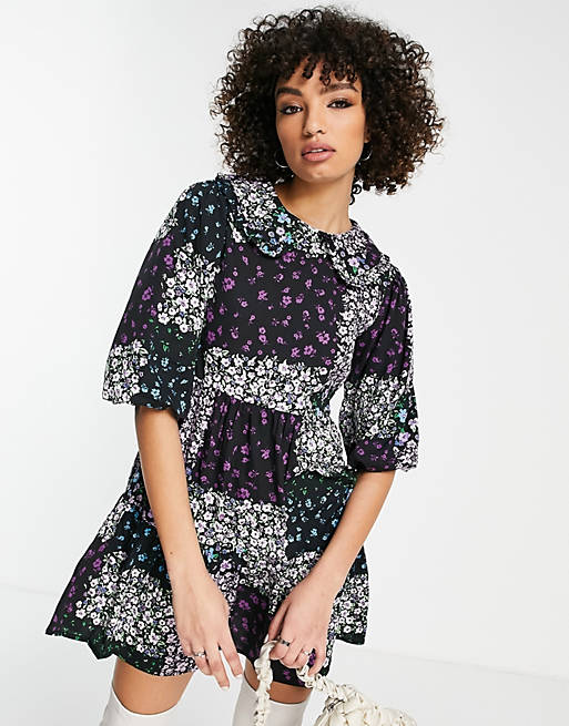 Violet Romance smock mini dress with frill collar in patchwork floral print