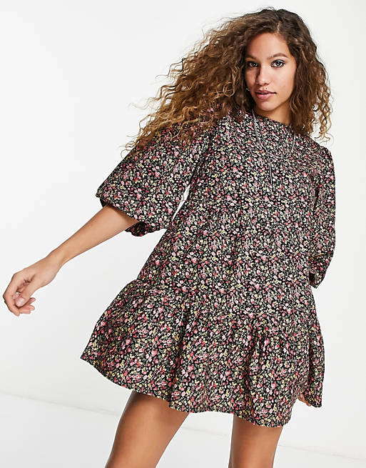 Violet Romance smock mini dress with puff sleeves in ditsy floral print