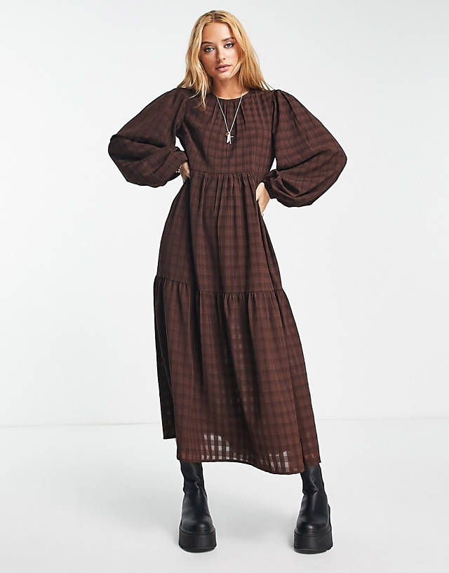 VIOLET ROMANCE - smock tiered midaxi dress in chocolate brown