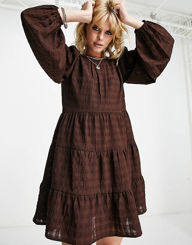 VIOLET ROMANCE - smock tiered mini dress in chocolate brown