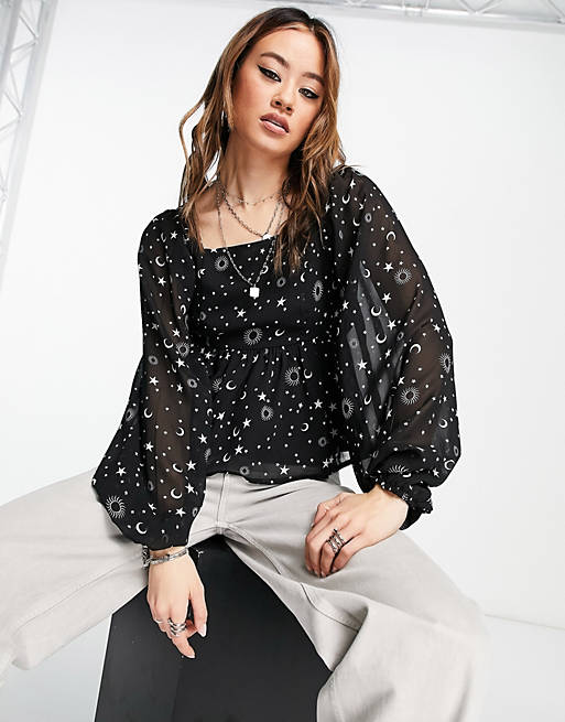 Violet Romance square neck puff sleeve blouse in celestial print