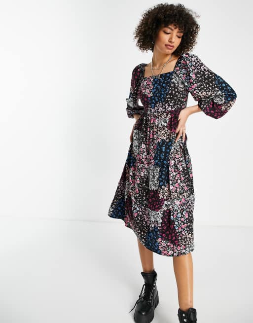 midi length linen dresses Navy Blue Cotton Linen Paneled A-Line Midi Dress 60