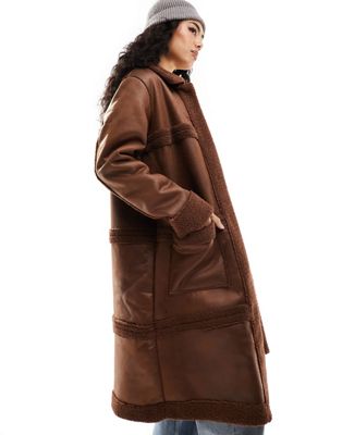 Violet Romance suedette longline aviator coat with borg trims in brown - ASOS Price Checker