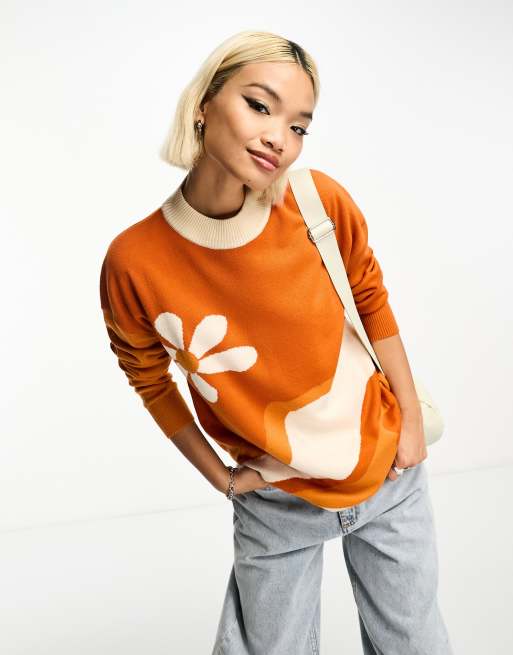 Violet Romance sweater in tonal orange 70s floral print