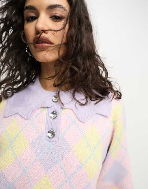 Violet Romance – Sweter o krótkim fasonie w pastelowe romby, 4 z 4