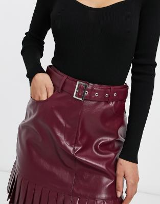 tall burgundy leather skirt