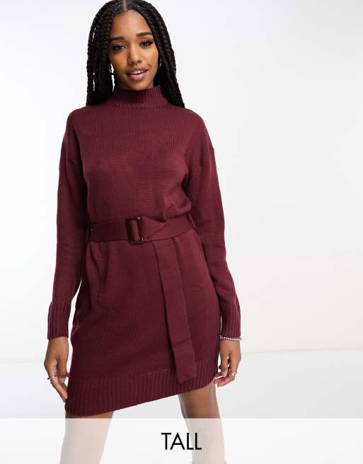 Violet Romance Tall belted knitted jumper dress in chocolate brown