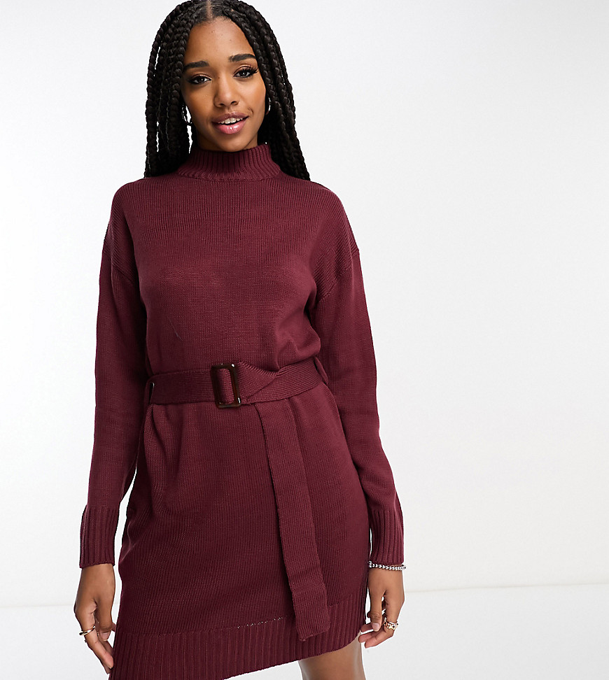 Violet Romance Tall Belted Knitted Sweater Dress In Chocolate Brown