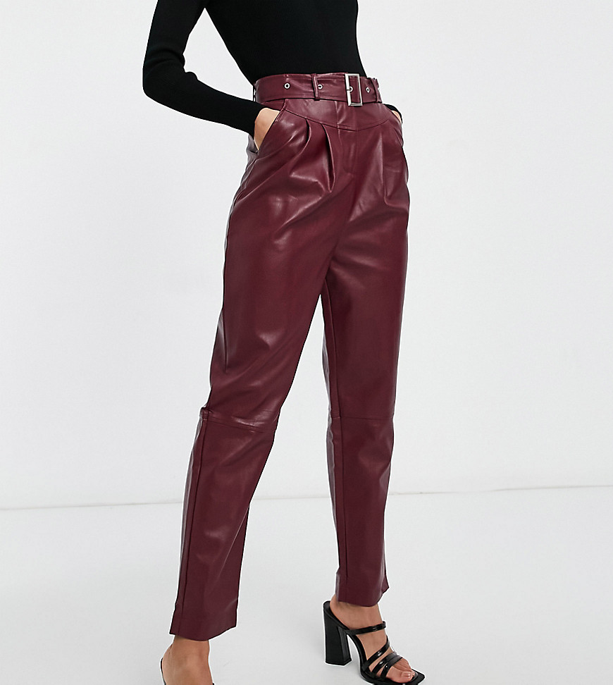 Violet Romance Tall belted waist PU pants in burgundy-Brown