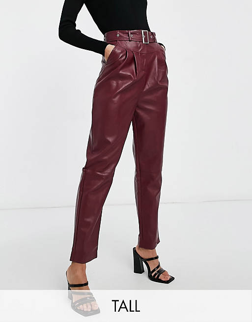 Violet Romance Tall belted waist PU trousers in burgundy