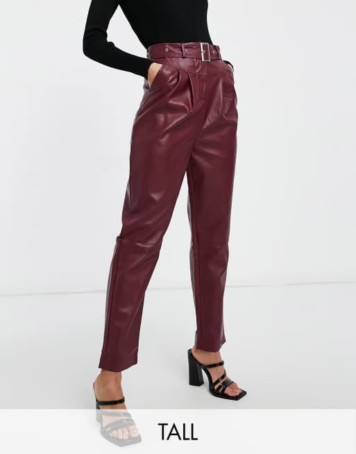 Violet Romance Tall belted waist PU trousers in burgundy | ASOS