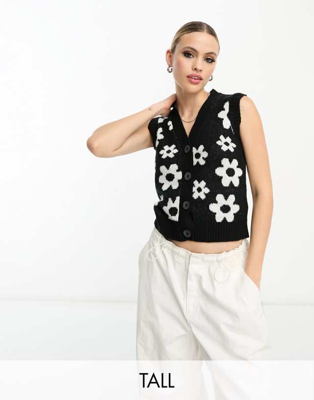 Violet Romance Tall cropped knitted vest in monochrome floral print