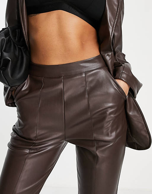 Violet Romance Tall faux leather split front wide leg trousers in chocolate  brown