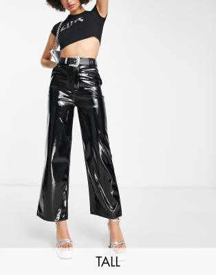 high shine faux leather wide leg pants in black