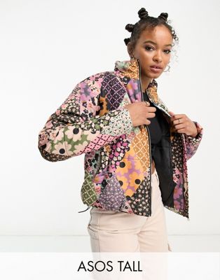 Violet Romance Tall quilted puffer jacket in patchwork print
