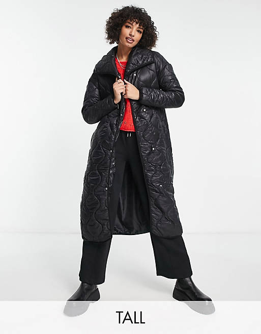Violet Romance Tall quilted shawl neck longline coat in black high shine