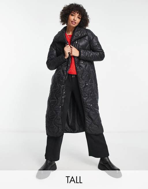 Violet Romance Tall quilted shawl neck longline coat in black high shine ASOS