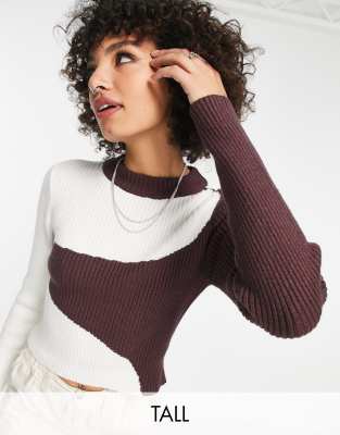 Violet Romance Tall ribbed cropped sweater in abstract color block-Multi