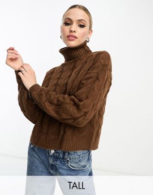 Violet Romance Tall roll neck cable knit cropped jumper in chocolate brown - ASOS Price Checker