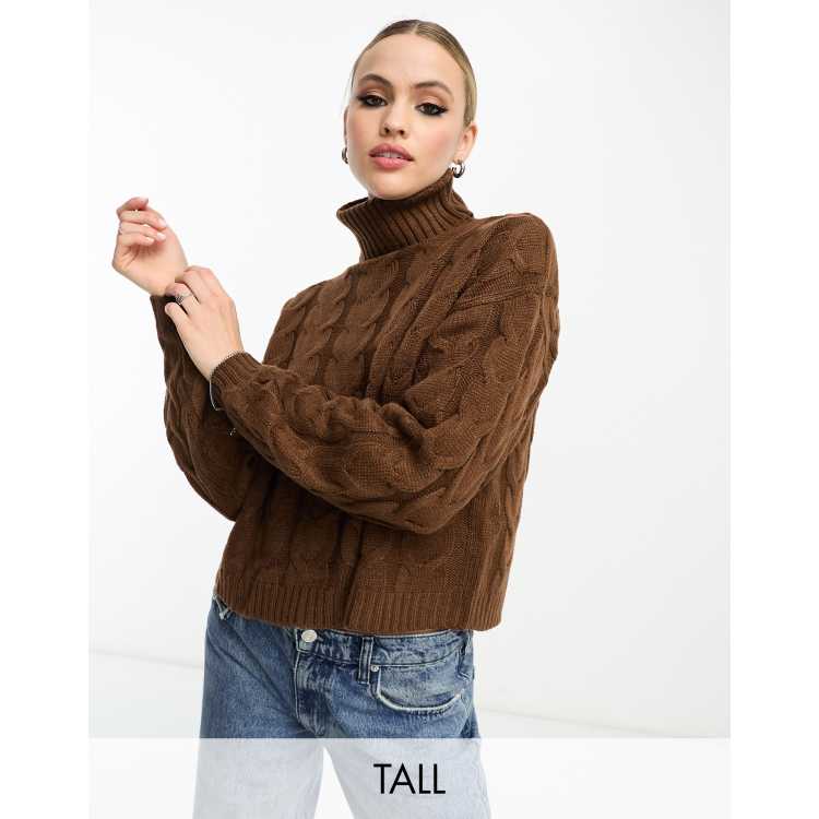 Violet Romance Tall roll neck cable knit cropped jumper in chocolate brown