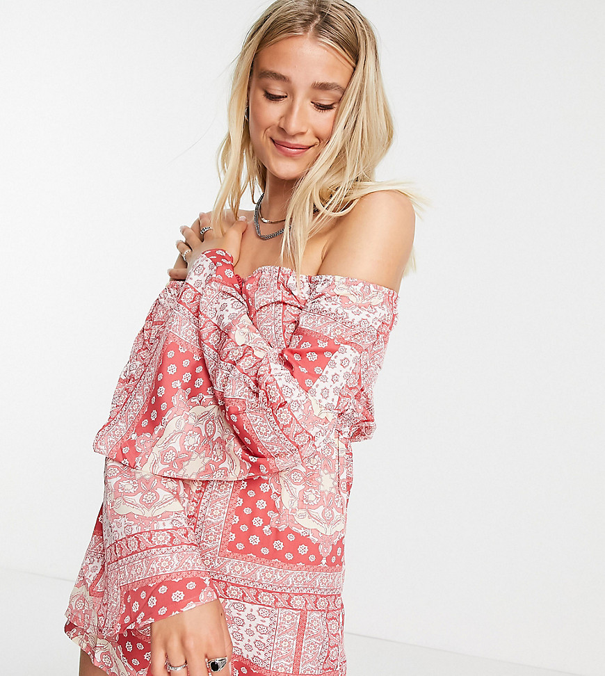 Violet Romance Tall rope front romper in boho print-Multi