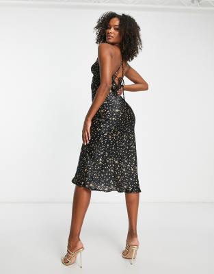 Forever 21 Women's Celestial Print Open-Back Midi Dress - Star Print, Shirred Bodice, Long Peasant Sleeves