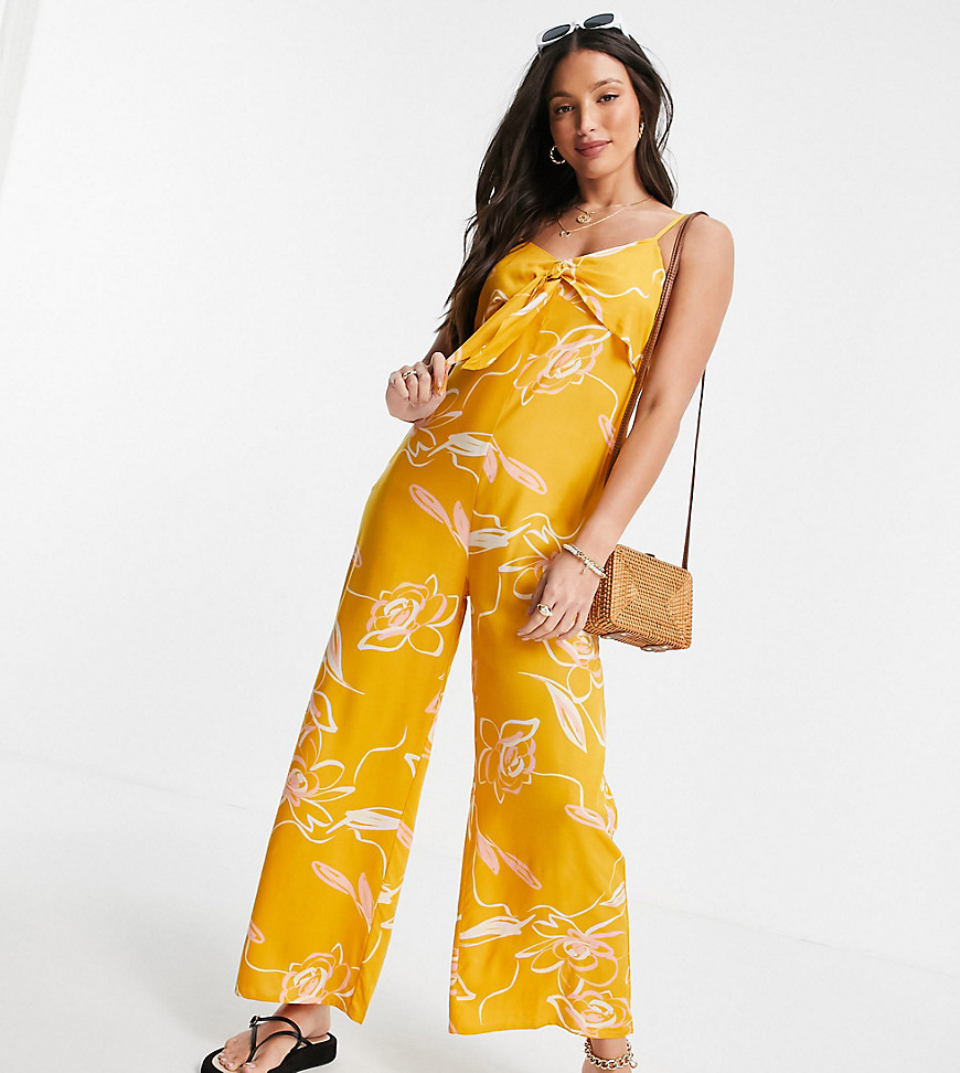 Violet Romance Tall tie front culotte jumpsuit in shadow floral print-Yellow