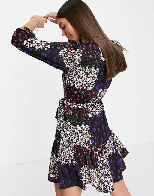 Violet Romance Tall tie waist mini dress in patchwork floral print, 2 of 4