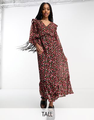 tiered midi dress in floral print-Multi