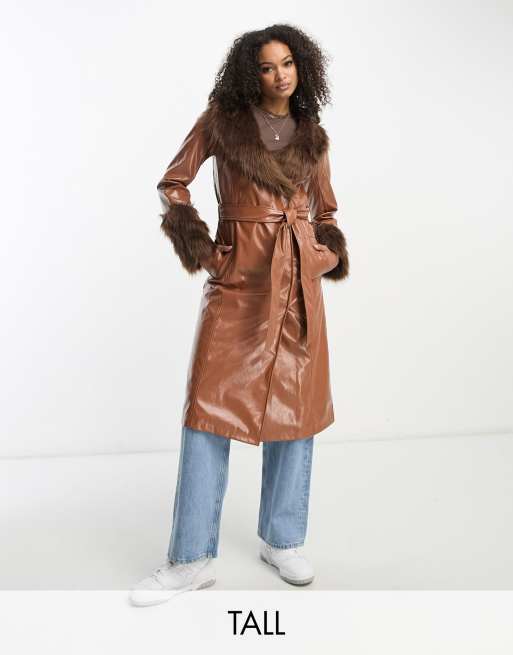 Violet Romance Tall vinyl coat with faux fur trims in brown | ASOS