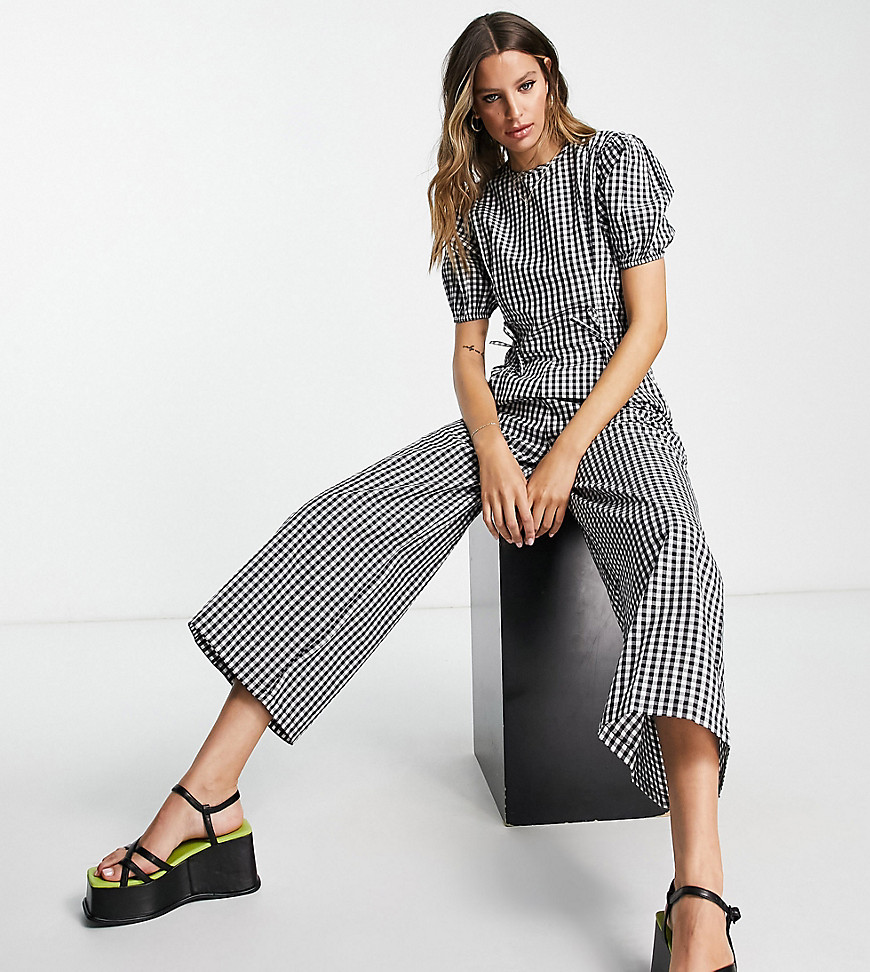 Violet Romance Tall wide leg jumpsuit in gingham-Black