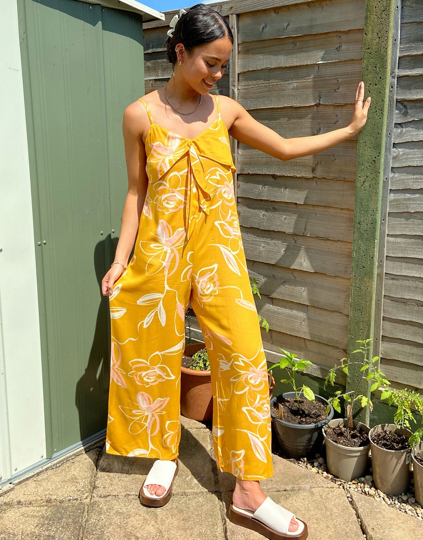 Violet Romance tie front culotte jumpsuit in shadow floral print-Yellow