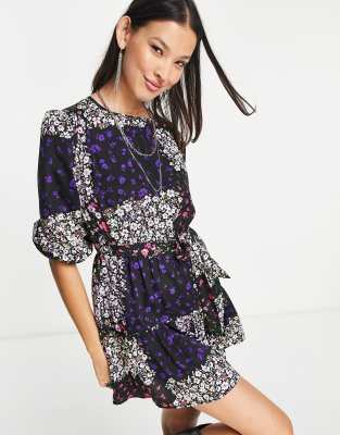 Violet Romance tie waist mini dress in patchwork floral print | ASOS