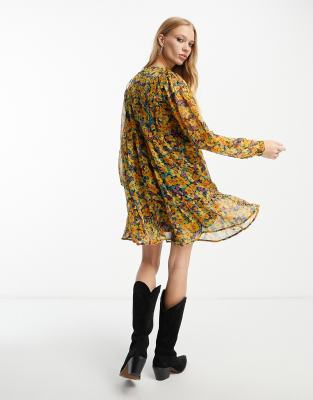 Leoom - Floral Print Long-Sleeve Chiffon Mini Dress