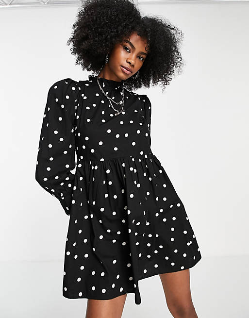 Violet Romance tiered cotton mini dress in black and white polka dot
