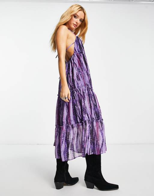 Violet Romance tiered halterneck midi dress in tie dye