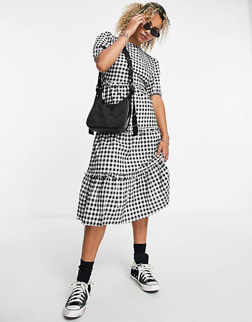 Violet Romance tiered midi dress with open back in gingham