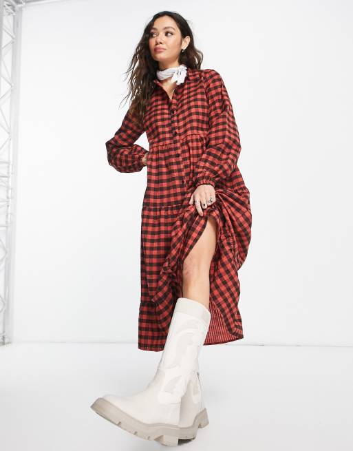 Violet Romance tiered midi shirt dress in rust gingham print