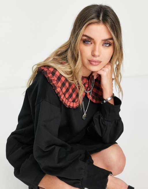 Violet Romance tiered sweater dress with gingham frill collar in black